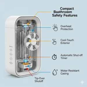A diagram highlighting key safety features of a small bathroom heater, such as overheat protection and tip-over shutoff.