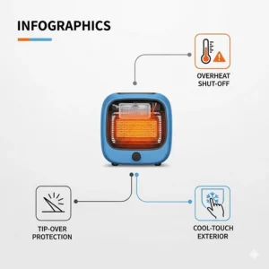 A diagram illustrating key safety features of a small bathroom heater, such as tip-over and overheat protection.