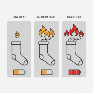 A visual infographic illustrating the three different temperature settings available on battery-powered heat socks, from low to high heat.
