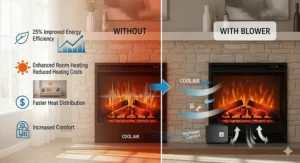 An infographic illustrating the benefits of adding an electric fireplace blower, such as improved energy efficiency and enhanced room heating.
