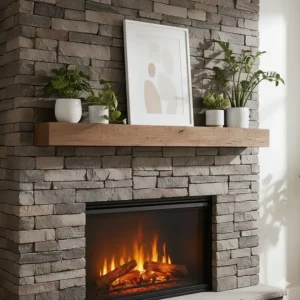 Detailed look at a rock fireplace electric mantelpiece, featuring a rustic wood beam and decorative items.