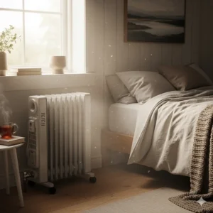 An image showing a radiator heater in a bedroom, representing its ideal use for quiet, whole-room heating over a long period.