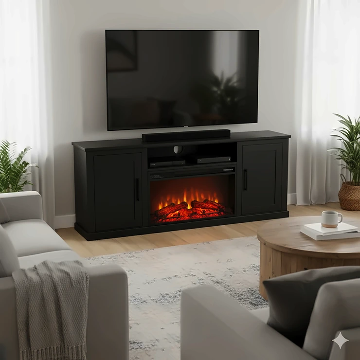 Black electric fireplace TV stand in a modern living room setting, showcasing the realistic LED flame effect and ample storage.