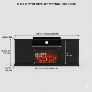 Diagram showing the specific dimensions and measurements of the black electric fireplace TV stand model.
