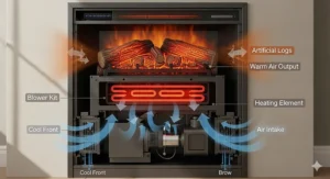 A diagram showing the proper placement of a blower kit within an electric fireplace insert to improve heat distribution.