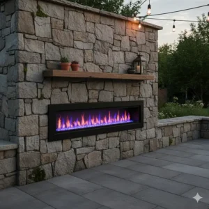 A fully recessed outdoor electric fireplace with a linear design and crystal ember bed, built into a beautiful stone feature wall.