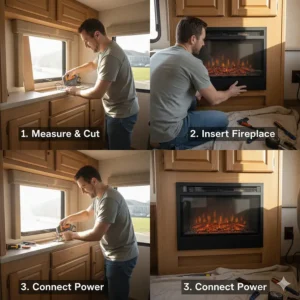 Step-by-step image of the safe and easy built-in RV electric fireplace installation process into existing cabinetry.