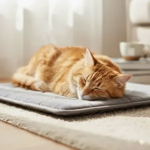 A contented cat curled up and relaxing comfortably on a small, soft heated cat mat.