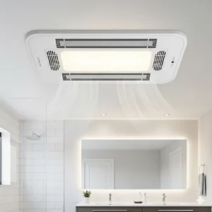 A multi-functional ceiling heater with a built-in light and exhaust fan, a popular and convenient choice for a new bathroom heater installation.