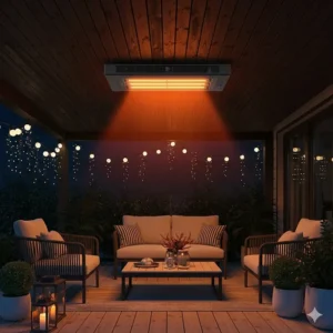 An infrared electric ceiling heater mounted in an outdoor patio space, providing silent and direct warmth to the seating area.