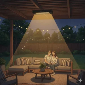 Illustration of a ceiling mounted infrared heater providing radiant heat to a backyard patio, showing the effective heating coverage.