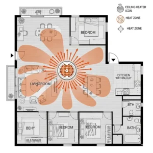 Floor plan illustration of a living space with recommended placement for a ceiling heater, demonstrating effective zone heating for a large area.