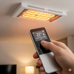 An image of a hand holding a remote control, with an electric ceiling heater visible in the background, highlighting the convenience of adjustable temperature settings.