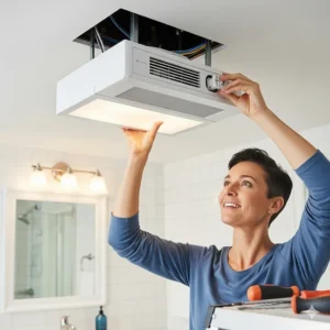 A homeowner installing a new ceiling-mounted bathroom fan with a heater and light, demonstrating the ease of installation.
