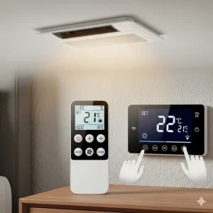 An image of a user-friendly remote control and a digital thermostat for a ceiling-mounted heater, highlighting convenient operation and temperature control.