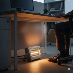 Image of a ceramic heater placed under an office desk, illustrating its effectiveness for personal, directional heating in a small space.