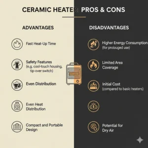 An infographic outlining the advantages and disadvantages of a ceramic heater, including its fast heat-up time and potential for higher energy consumption.