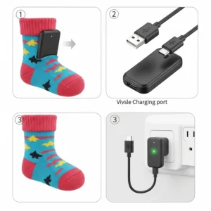 An illustration depicting how to charge a child's heated socks, showing the compact battery pack and the easy-to-use charging cable.
