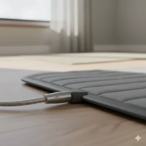 Detail shot of the chew-resistant steel-wrapped cord attached to the heated pet mat.