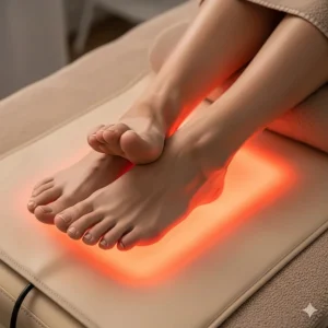 A close-up shot of a client's feet resting comfortably on a warm massage table heating pad, illustrating how the focused heat helps to soothe tired muscles and improve circulation.