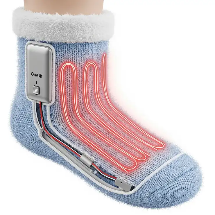 A detailed illustration showing the inside of a child's heated sock, highlighting the integrated heating elements and the soft, breathable fabric.