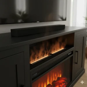 Close-up of the powerful yet energy-efficient heating vent on the black electric fireplace TV stand.