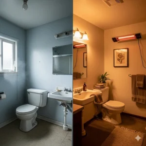 A "before and after" split image, showing a chilly, uninviting bathroom on the left and a warm, cozy bathroom on the right, effectively heated by an infrared heater.