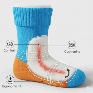 A diagram illustrating the plush, cushioned design of the heated socks, emphasizing their comfort and ergonomic fit for active kids.