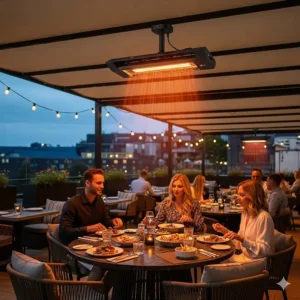 A powerful commercial ceiling-mounted heater installed under an awning on a restaurant patio, keeping outdoor diners comfortable in cooler weather.