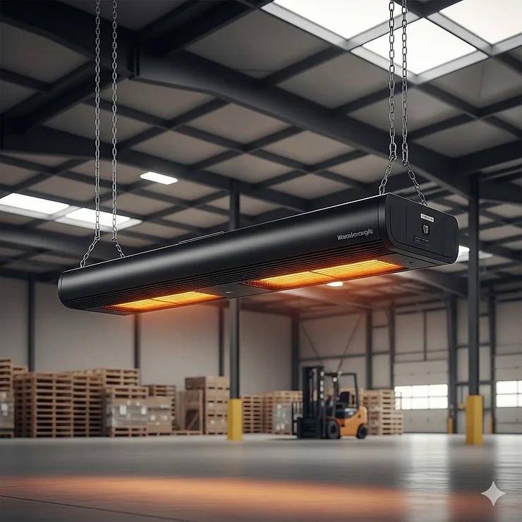 A powerful, sleek, black ceiling mounted heater installed in a large commercial warehouse, providing efficient and discreet heating from above.
