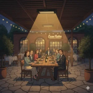 High-quality image of a commercial ceiling mount infrared heater installed in a restaurant's outdoor dining area.