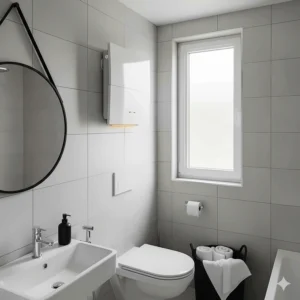 A compact wall heater installed high on the wall of a small bathroom, saving valuable floor space.