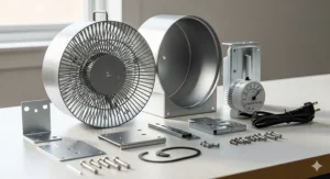 A detailed view of the different components that make up an electric fireplace blower kit, including the fan, housing, and thermostat.