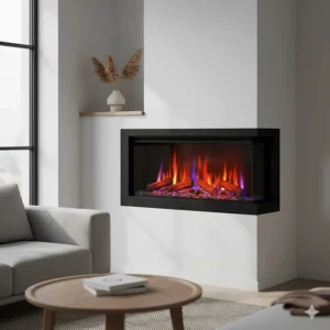 A space-saving, contemporary corner electric fireplace designed for smaller living areas.