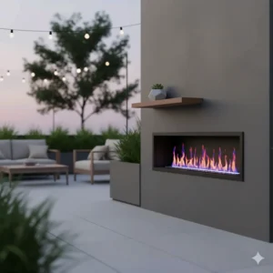A contemporary, linear outdoor electric fireplace with multicolor LED flame options, highlighting its modern aesthetic.