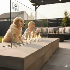Close-up of an outdoor electric fireplace showing a cool-to-the-touch glass screen, emphasizing safety for children and pets.