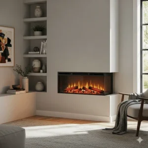 A space-saving corner installation of a 60-inch electric fireplace, showing its versatility in different room layouts.