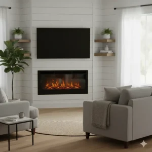 Corner electric fireplace installation in a modern living room setting.