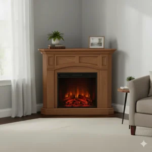 Space-saving corner electric fireplace mantel unit, ideal for smaller rooms.