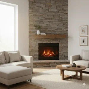 Stylish corner electric rock fireplace design, ideal for space-saving in smaller rooms or apartments.