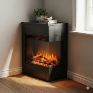 An angled view of a compact freestanding electric fireplace designed to fit efficiently into the corner of a room.