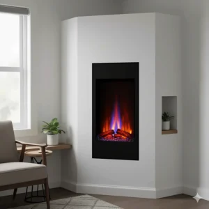 A space-saving vertical electric fireplace unit designed for corner installation, perfect for small rooms.