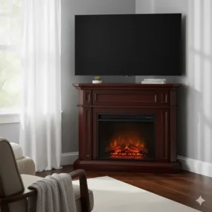 Dark wood finish corner electric fireplace adding warmth to a bedroom.