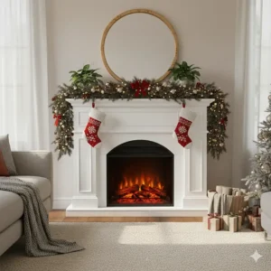 Cozy living area with an electric fireplace mantel decorated for the holiday season.