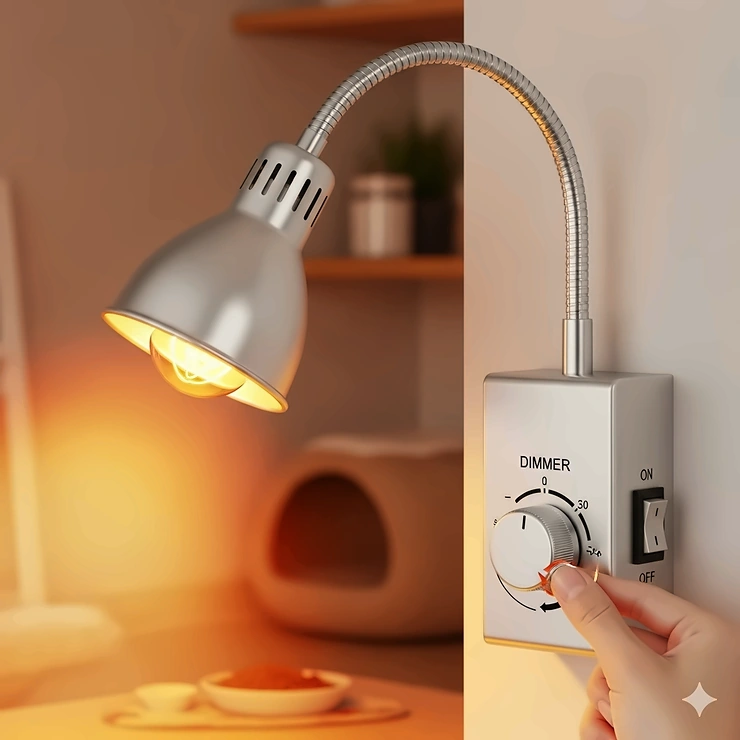 An adjustable heat lamp fixture with a dimmer switch, allowing for control over the intensity of the heat and light. The image emphasizes the convenience and versatility of dimmable models.