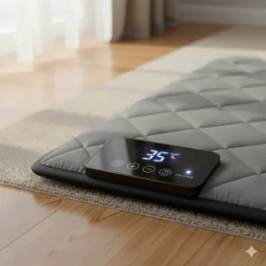 Digital display showing the easy-to-use temperature control settings for a heated dog mat.