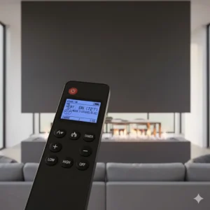 Close-up of a remote control used to adjust the heat settings and flame colors on a double sided electric fireplace heater.