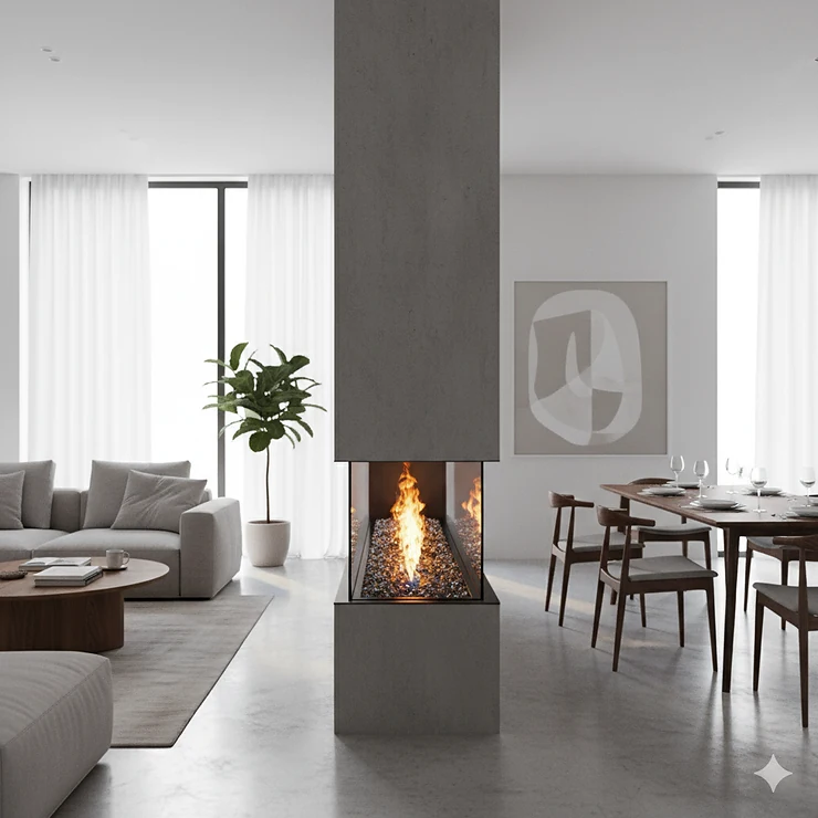 Modern double sided electric fireplace creating a stunning focal point between two rooms, showcasing realistic flames and heat output.