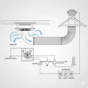 A schematic drawing of a ducted bathroom fan system, showing the ductwork that vents humid air and the electrical connections for the fan, light, and heater.