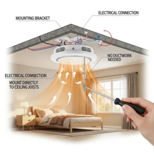 A diagram illustrating the easy, ductless installation process for a compact electric ceiling heater in a small bedroom or living area.